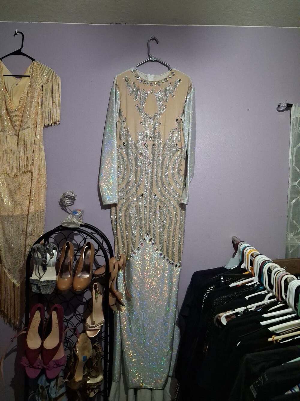 Long Sleeve Rhinestone Embellished Illusion Evening Gown